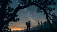 Silhouette of couple standing beneath gnarled tree branches at sunset, gazing at starry sky over forest landscape. Romantic outdoor scene for travel, nature, and relationship content.