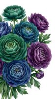 Lush ranunculus blooms in jewel tones of emerald, sapphire, and amethyst with layered petals and green foliage, suitable for botanical illustrations, floral designs, and decorative artwork.