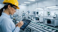 Female engineer of Asian descent wearing yellow safety helmet and light blue shirt, holding digital tablet while inspecting modern factory production line with conveyor belt and industrial machinery in background.