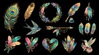 Feather collection with watercolor peacock plume, decorative wreath, hummingbird, and botanical leaf designs isolated on transparent background. Ready for t-shirt designs, clipart, stickers, sublimation, and print-on-demand products.