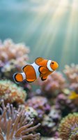 Ocellaris clownfish swimming among colorful coral reef with sunlight rays filtering through water, suitable for marine life, aquarium, and ocean conservation content.