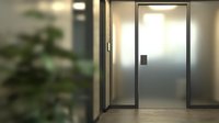 Modern office hallway with frosted glass door and ambient lighting creating professional atmosphere, suitable for business and corporate design backgrounds.