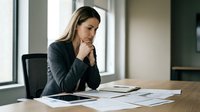 Professional businesswoman in dark suit contemplating documents at modern office desk with tablet and paperwork for corporate decision making.