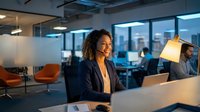 Professional mixed-race businesswoman with curly hair working on laptop in modern office space during evening hours with city skyline view through windows.
