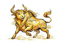 Golden bull with ornamental horns and decorative patterns, isolated on white background. Suitable for logos, t-shirt designs, and clipart applications.