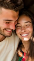 Young multiracial couple sharing intimate moment with genuine smiles and closed eyes, faces close together in warm sunlight showing pure joy and connection.