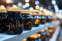 Dark glass jars with golden lids lined up in a row, filled with black liquid, blurred bokeh lights in background, suitable for product packaging, cosmetics, supplements, or beverage branding.