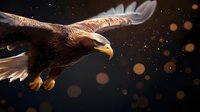 Majestic eagle in flight with wings spread wide against dark background with golden bokeh lights and particles.