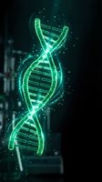 Glowing green DNA double helix structure with luminous particles and energy effects on dark background for biotechnology and genetic research concepts.