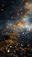 Magical golden bokeh lights and glitter particles floating on dark blue background, perfect for festive designs, holiday cards, and luxury advertising layouts.