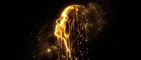 Golden liquid human head profile melting with dripping drops and glowing sparks on dark black background, creativity and mind concept.