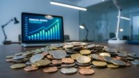 Pile of coins and currency scattered on desk with laptop displaying financial growth chart in modern office workspace.