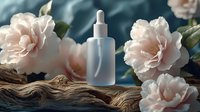 Frosted glass dropper bottle for cosmetic serum displayed on driftwood with delicate pink carnations against dark teal background, creating luxurious spa atmosphere.