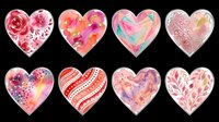 Watercolor heart clipart set with floral and abstract designs, isolated on transparent background. Great for Valentine's Day stickers, t-shirt design, and print on demand.