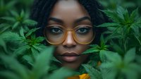 Young African American woman wearing stylish glasses peers through lush green cannabis leaves, creating artistic portrait with natural framing and shallow depth of field.