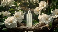 Glass dropper bottle with clear serum among blooming white camellia flowers on wooden surface, natural cosmetic product photography in garden setting.