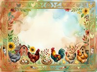 Watercolor farm scene with roosters, hens, sunflowers and decorative floral border frame. Vintage countryside illustration with poultry and botanical elements for farmhouse design projects.