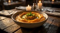 Creamy hummus with olive oil drizzle and herbs in ceramic bowl on rustic wooden table with warm candlelight creating cozy restaurant atmosphere.