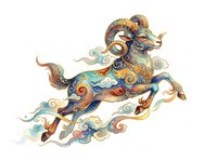 Ornate leaping ram with colorful swirling patterns and clouds, isolated on transparent background, ready for t-shirt design, stickers, clipart, and print on demand.