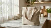 Natural beige canvas tote bag on wooden kitchen counter with soft morning light, perfect for eco-friendly shopping and sustainable lifestyle branding.