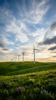Wind turbines on green hills under dramatic cloudy sky at sunset, renewable energy farm with wildflowers in foreground for sustainable power concepts.