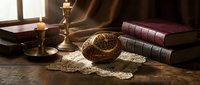 Vintage brass compass on lace doily with antique books and candlestick on wooden table. Warm sunlight creates nostalgic atmosphere for historical navigation themes.