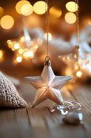 Silver star ornament with warm bokeh lights on wooden surface, creating magical holiday atmosphere. Festive Christmas decoration with soft focus background.