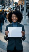 Smiling African American businesswoman holding blank white paper sign on busy city street for marketing campaigns and promotional content.