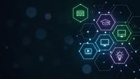 Digital education technology concept with hexagonal icons representing online learning, e-learning platforms, and educational tools on dark background.