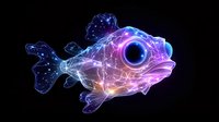 Glowing neon fish with luminescent blue and pink colors swimming in dark background, digital art style with ethereal light effects and constellation-like patterns.