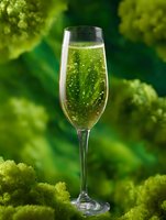 Sparkling champagne flute with bubbles against lush green nature background, elegant drink photography with soft bokeh effect and refreshing atmosphere.