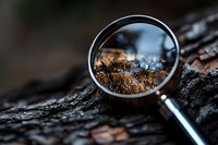 Magnifying glass on dark tree bark reveals detailed texture and patterns in close-up view, highlighting natural wood grain structure and organic surface details.