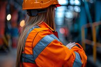 Female construction worker in orange safety vest and hard hat at industrial site, side view portrait with blurred bokeh background, workplace safety concept.