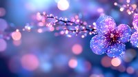 Magical glowing cherry blossom branch with sparkling bokeh effects in pink and blue colors creates dreamy spring atmosphere for romantic designs and backgrounds.