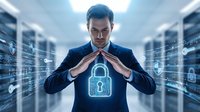 Professional businessman in dark suit protecting digital security lock symbol with hands in modern data center server room representing cybersecurity protection.