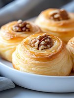 Fresh baked puff pastry swirls topped with walnuts and honey glaze served on white ceramic plate, close up view of flaky layered breakfast pastries.