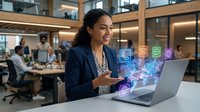 Smiling mixed-race businesswoman interacting with glowing digital communication icons floating above laptop in modern open office.