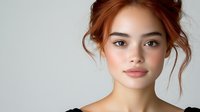 Young woman with auburn hair in updo against neutral background, showcasing natural makeup with soft pink lips and glowing skin.