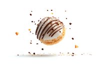 White chocolate glazed donut with dark chocolate drizzle and crumbs floating in air on white background, isolated food photography for menu and advertising.