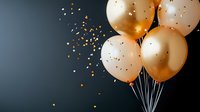 Elegant peach and gold balloons bunch with floating glitter confetti against dark background, creating festive celebration atmosphere for party design.
