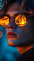 Young person wearing round sunglasses with urban reflection at sunset, dramatic orange and blue lighting creates moody atmospheric portrait with dreamy aesthetic.