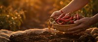 Hands planting seeds in rich soil during golden hour sunset with warm bokeh light creating agricultural farming concept for sustainable gardening growth.