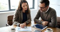 Business professionals analyzing financial data and charts during office meeting with tablet and documents on conference table.