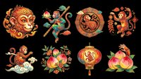 Festive monkey and lantern designs with ornamental flourishes, isolated on transparent background. Ready for t-shirt printing, clipart, stickers, sublimation, and print-on-demand projects.
