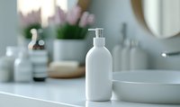 White cosmetic pump bottle on bathroom counter with blurred bathroom accessories and pink flowers in background, modern minimalist spa setting.