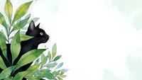 Black cat peeking through lush green foliage on light background. Playful feline hiding among tropical leaves for pet care and nature designs.