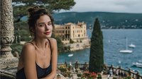 Young brunette woman in black top enjoying Mediterranean coastal view with historic castle and turquoise sea from scenic terrace overlook during summer vacation.