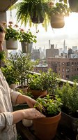 Woman tending to lush urban balcony garden with herbs and plants overlooking city skyline during golden hour sunlight for sustainable living and home gardening.