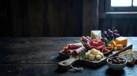 Gourmet cheese and charcuterie board with grapes, nuts, and crackers on rustic wooden table in moody natural lighting for entertaining and dining.