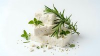 Fresh white goat cheese with aromatic herbs rosemary and oregano on clean background for culinary cooking and gourmet food photography.